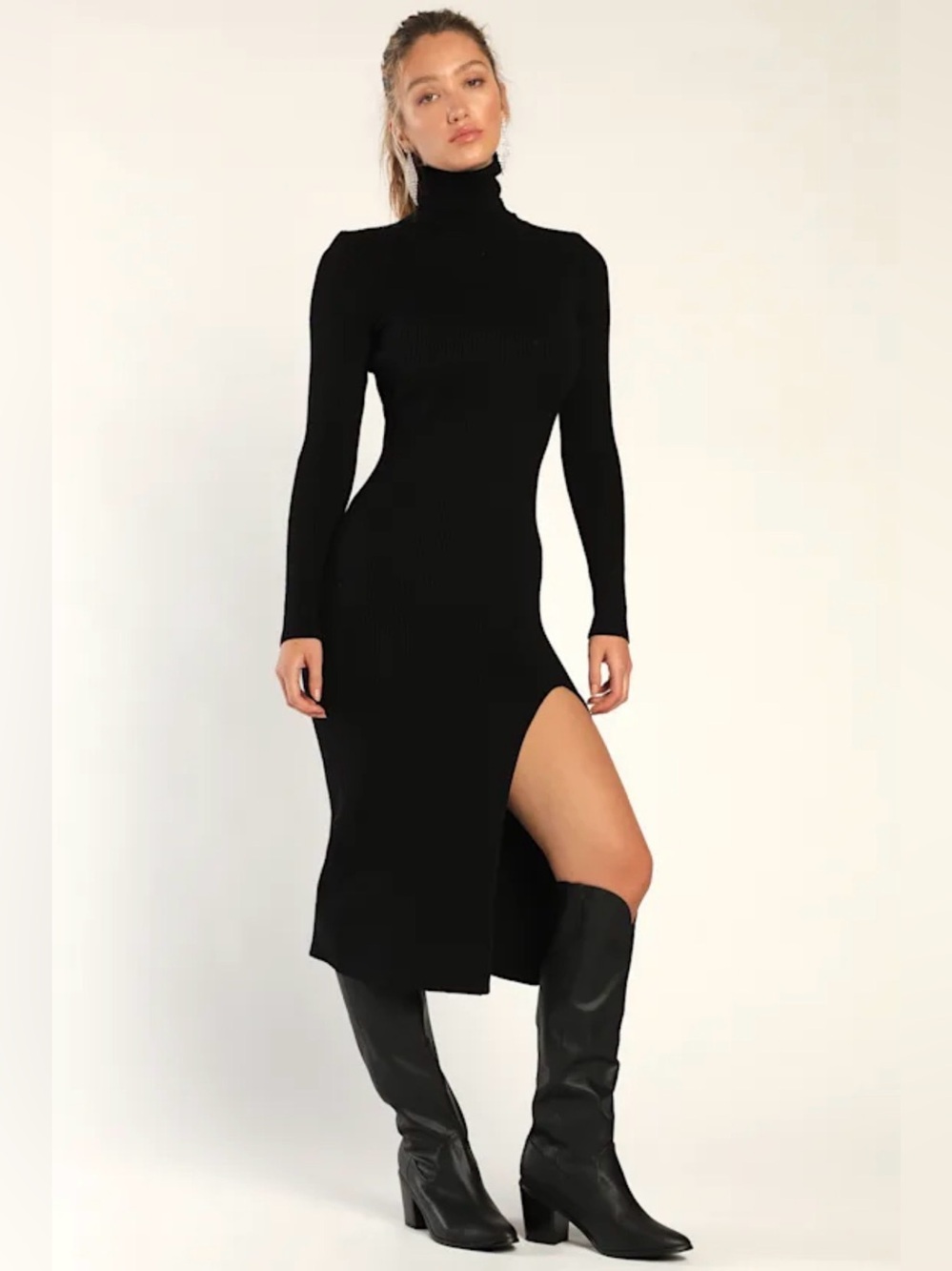 🖤 Lulu’s Black Turtleneck Long Sleeve Ribbed Midi Dress with Side Slit | Size S